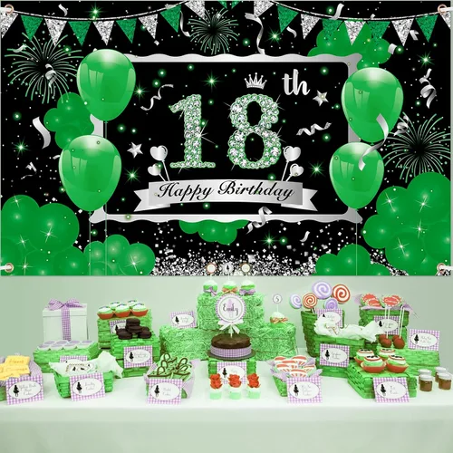 Miniatura 2 de Cartel verde de cumpleaños número 18 – Cartel grande plateado de feliz 18 para niños y niñas – 73 x 44 pulgadas
