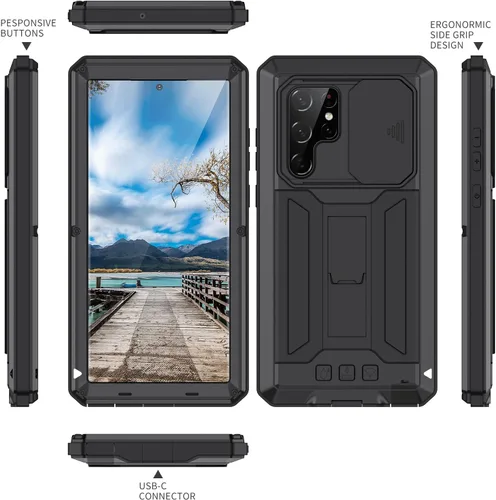 Miniatura 7 de Funda de metal compatible con Samsung Galaxy S22, resistente al polvo, de grado militar, con cubierta deslizante para cámara y soporte plegable