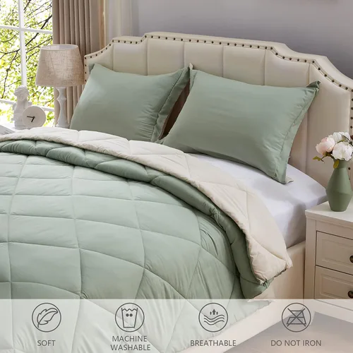 Miniatura 5 de NexHome - Juego de edredón individual Sage & Beige, juego de edredón reversible de 2 piezas, ligero, de plumón alternativo, juego de ropa de cama