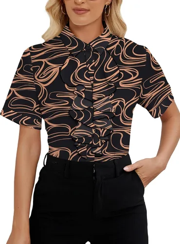 Miniatura 26 de Vrtige Women's Ruffle Front Collar Neck Button Down Short Sleeve Blouse Shirt Top
