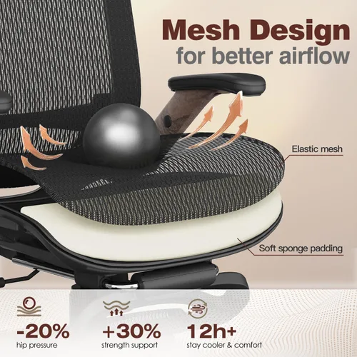 Miniatura 8 de GABRYLLY Silla de oficina ergonómica con reposapiés, silla de computadora de malla de respaldo alto con brazo abatible, reposacabezas 3D
