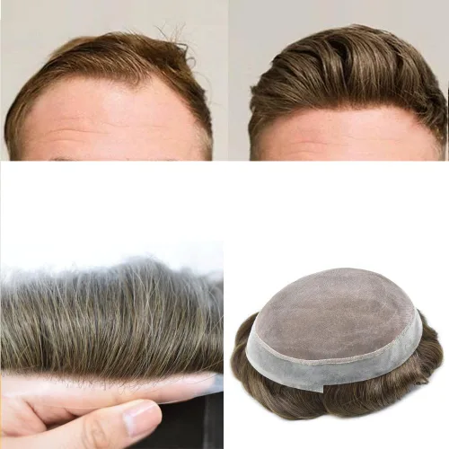 Miniatura 14 de Toupee - Pieza de cabello humano virgen transpirable para hombres, tupé real, sistema de reemplazo de cabello para hombre, mono, fino, 6X8#1, negro