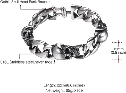 Miniatura 17 de U7 Pulseras góticas de calavera para hombres y mujeres, acero inoxidable, chapado en oro de 18 quilates, plata, negro, punk, esqueleto punk