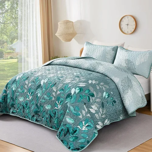 Miniatura 2 de WONGS BEDDING Juego de edredón floral tamaño Queen, 3 piezas, colcha con hojas botánicas en color agua, juego de edredón con 2 fundas de almohada