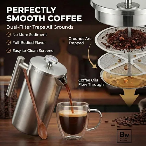 Miniatura 3 de Barista Warrior Prensa francesa con termómetro, prensa de café aislada, cafetera de acero inoxidable (1.0L, 34 onzas líquidas, plateado)