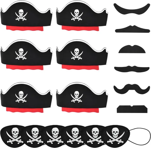 Miniatura 11 de Halatool 36 piezas de accesorios piratas para niños, juego completo de fiesta pirata para 12 personas con sombreros de fieltro suave, parches