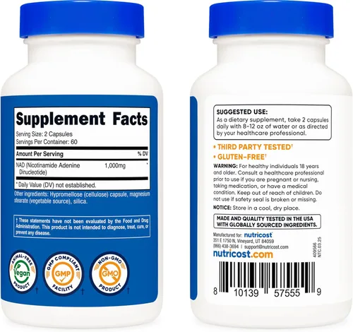 Miniatura 4 de Nutricost Suplemento NAD+ de 1,000 mg por porción, 120 cápsulas (dinucleótido de nicotinamida y adenina) - 60 porciones, sin gluten, vegano