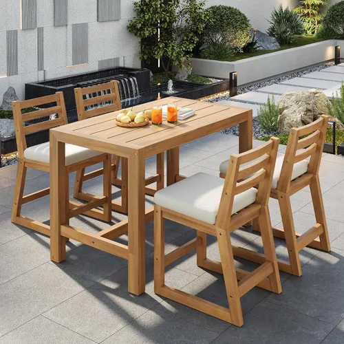 Miniatura 18 de Quarte Moderno juego de comedor de patio al aire libre de 5 piezas, juego de barra de mimbre de ratán de polietileno para jardín, 4 sillas de altura