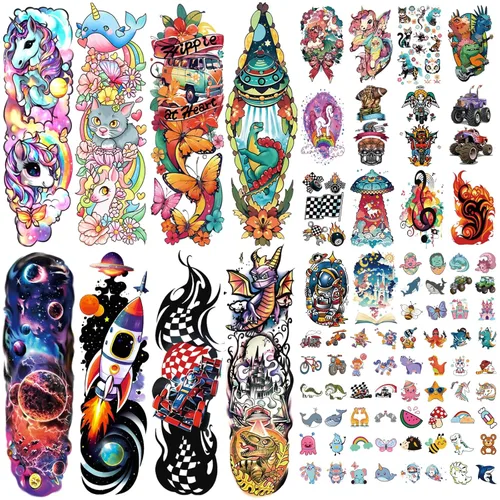 52 piezas de tatuajes temporales para niños de brazo completo con castillo, mariposa, gato, camión, dinosaurio, cohete, planeta, lindo animal,