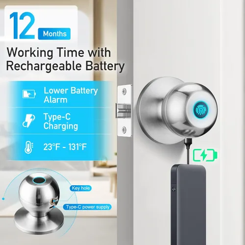 Miniatura 5 de Cerradura de puerta de huellas dactilares, perilla de puerta inteligente con cerradura, cerradura de puerta biométrica con control de aplicación