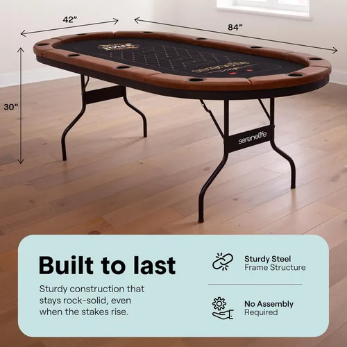 Miniatura 6 de SereneLife Player - Póker plegable ovalado, mesa Texas Holdem, con riel acolchado resistente al agua, 10 portavasos, superficie de fieltro marrón