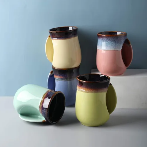 Miniatura 4 de Selamica - Taza de porcelana de 18 onzas con calentador de manos para diestros, taza de café, taza de té para familiares y pareja - Azul