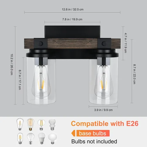 Miniatura 4 de Lámpara de Baño Estilo Granja de Madera Negra, Iluminación de Tocador de 2 Luces, Aplique de Pared de Madera, Accesorio de Pared Industrial Rústico