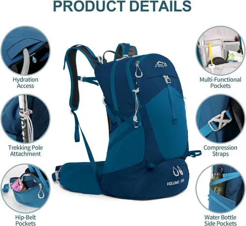 Miniatura 3 de IX INOXTO Mochila de Senderismo, Mochila de Día de Senderismo Impermeable con Vejiga de Agua de 3L y Cubierta para la Lluvia, Mochila Ligera de Azul