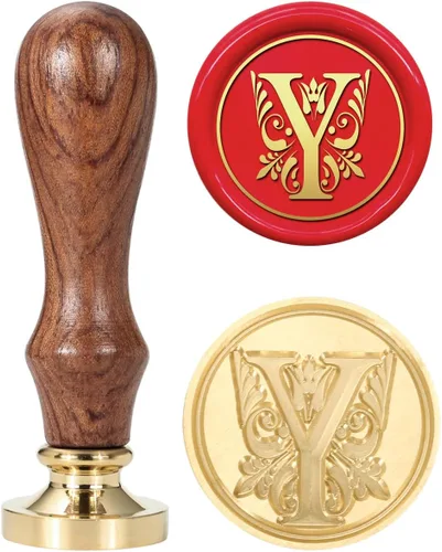 Miniatura 19 de Yoption - Sello de cera con diseño de letra S, cabeza de latón floral vintage, mango de madera, sello inicial del alfabeto, para invitación