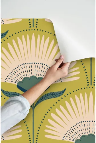 Miniatura 3 de Muestras de papel tapiz para despegar y pegar, diseño Art Deco de flores verdes, geométrico, divertido, jumbo, papel tapiz extraíble personalizado
