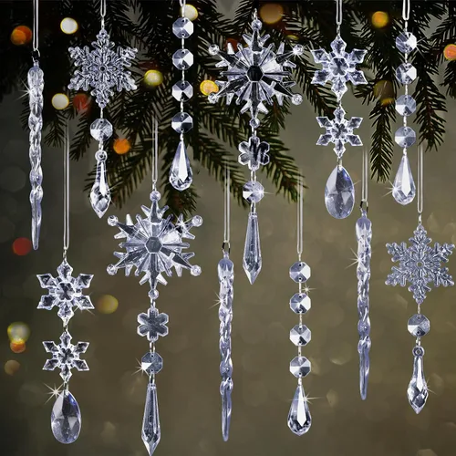 Miniatura 8 de GuassLee 36 piezas Adornos de Cristal para Árbol de Navidad - Copos de Nieve Acrílicos Azules Carámbanos Gota Cristal Adornos Colgantes para Árbol