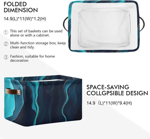 Miniatura 2 de Cestas de almacenamiento de mármol azul, cesta de almacenamiento rectangular plegable decorativa de tela de lona para el hogar
