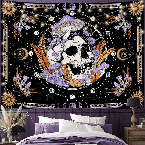 Miniatura 8 de Aipon Tapiz de esqueleto en blanco y negro para dormitorio, tapiz de calavera, setas, tapices hippie, plantas naturales, flores florales, tapiz
