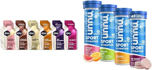 GU Energy Original Sports Nutrition - Gel energético, 24 unidades, sabores surtidos y tabletas de electrolitos Nuun Sport para hidratación