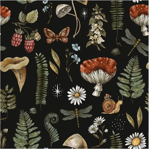HAOKHOME Papel tapiz vintage para despegar y pegar, diseño de hongos del bosque, floral, para dormitorio, cocina, decoración de pared, color negro