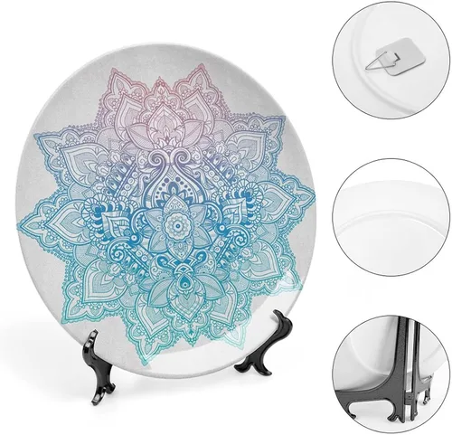 Miniatura 4 de Plato decorativo de 8 pulgadas, cerámica de loto, tatuaje bohemio zen, tono pastel, mandala abstracto de loto, placa de exhibición para mesa de Lila