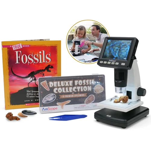 AmScope - DM130-16GB-18FOS-FSL-TW IQCREW de AmScope Microscopio digital a color LCD portátil prémium para niños con kit de actividades de