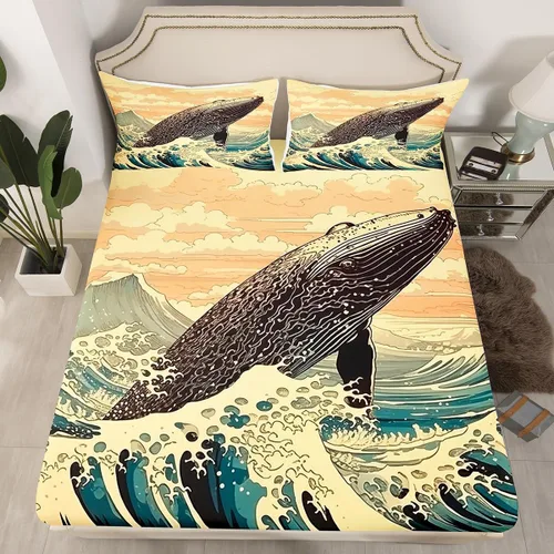 Miniatura 2 de Erosebridal Juego de sábanas de ballena náutica, tamaño individual, juego de ropa de cama vintage azul con ondas oceánicas para niños y niñas