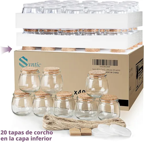 Miniatura 8 de Syntic Paquete de 40 tarros pequeños de vidrio con tapas de corcho, tarros de masón vacíos de 7 onzas para hacer velas, recipiente de yogur