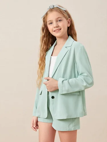 Miniatura 3 de WDIRARA Conjunto de 2 piezas para niña con chaqueta de manga larga con botones en la parte delantera y pantalones cortos