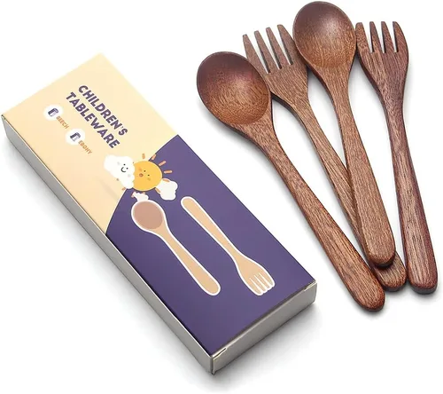 Miniatura 5 de YFWOOD Juego de 4 utensilios de madera natural para niños, tenedores y cucharas para niños, cubiertos seguros para niños pequeños, pulido a mano