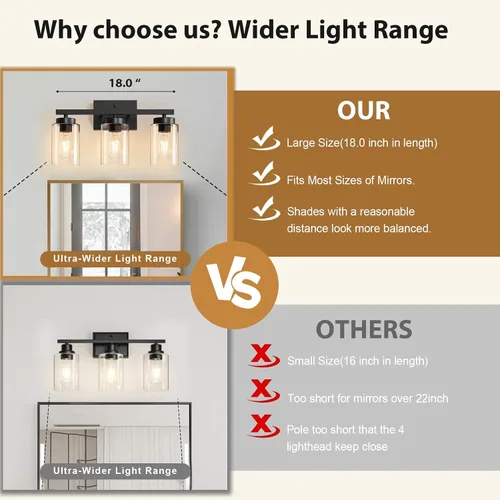 Miniatura 3 de IZORRO Moderna lámpara de baño, 3 luces negras claras, accesorios de iluminación de baño sobre espejo con vidrio transparente para sala de estar