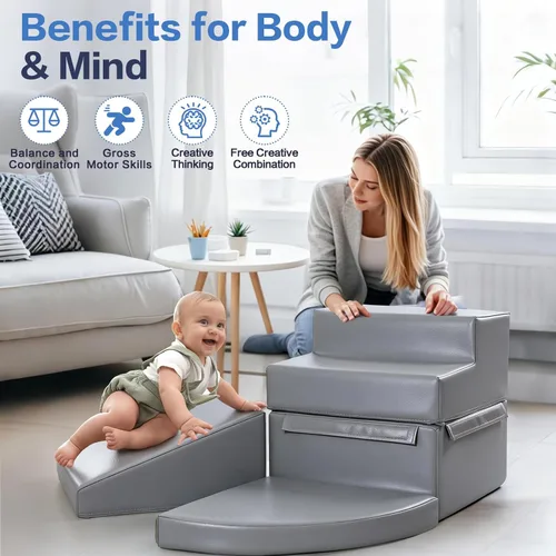 Miniatura 5 de Sumbababy Bloques de Escalada de Espuma para Niños Pequeños: 4 Piezas de Juguetes de Juego Suave - Escalador de Cuero PU Impermeable - Conjunto