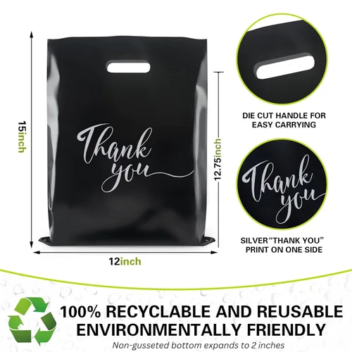 Miniatura 5 de Rainbows & Lilies 100 Bolsas de Plástico de Agradecimiento con Asas - 12"An x 15"Al Bolsas de Compras Gruesas Reutilizables al Por Mayor para Negro
