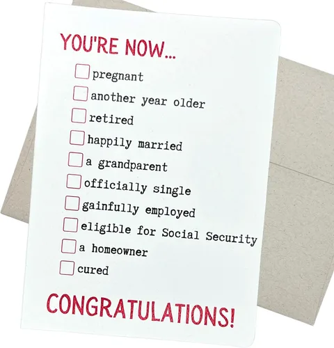 Divertida tarjeta de felicitación (5 x 7 pulgadas, 1 tarjeta, interior en blanco para todas las ocasiones). Lista de verificación tonta para