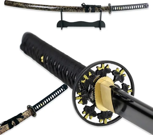 Miniatura 4 de Vulcan Gear Espada samurái katana japonesa de hoja negra sagrada hecha a mano con soporte de espada de madera y vaina
