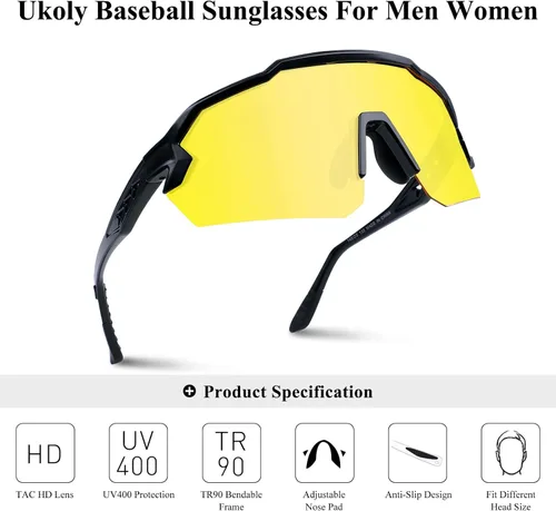 Miniatura 3 de Ukoly Gafas de sol de béisbol para hombres y mujeres, gafas de sol deportivas para béisbol, correr, ciclismo, protección UV400, TR90, marco 615
