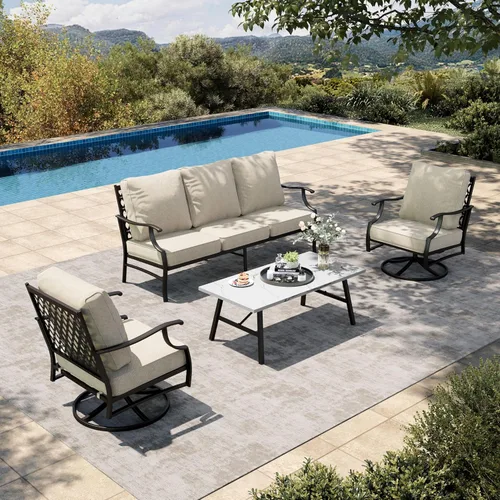Miniatura 42 de HERA'S HOUSE Juego de muebles de patio de 6 piezas, 2 sillas acolchadas de metal, 2 otomanas acolchadas, 1 sofá de 3 asientos con mesa auxiliar