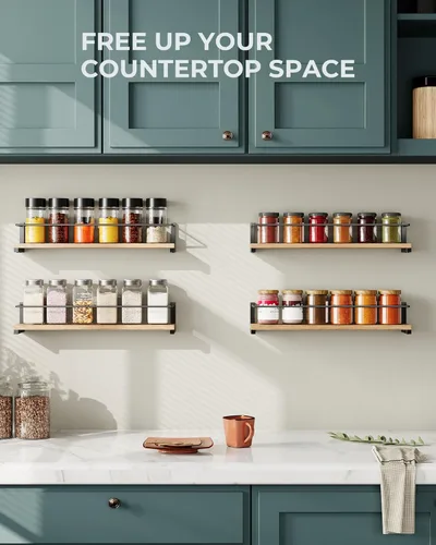 Miniatura 2 de OROPY Estante para especias montado en la pared, estante colgante de madera rústica para colocar sobre la estufa, pared de cocina, paquete de 4