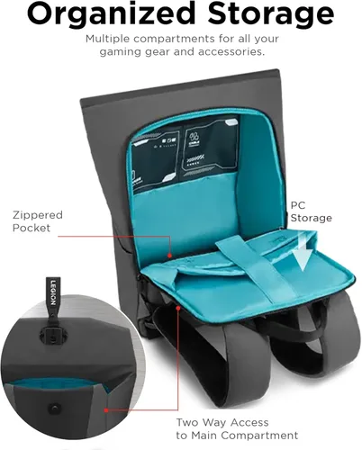 Miniatura 5 de Lenovo Legion - Mochila para juegos GB400 para computadoras de hasta 16 pulgadas, bolsa ligera repelente al agua con múltiples bolsillos