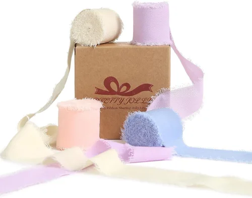 Miniatura 23 de Pretty Jolly Cinta de gasa beige para envolver regalos, 3 rollos de 2 pulgadas x 7 yardas, cinta de tela de seda hecha a mano con flecos para ramo