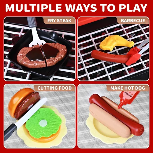 Miniatura 8 de Juguetes de cocina para niños, juego de parrilla de barbacoa para niños con humo, sonido y luz, juguete de barbacoa de 2 niveles con rueda, juguetes