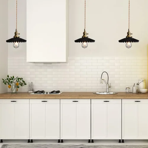 Miniatura 5 de Lámpara colgante de cerámica negra para isla de cocina, pantalla festoneada de cerámica, estilo granja, vintage, luces colgantes de techo