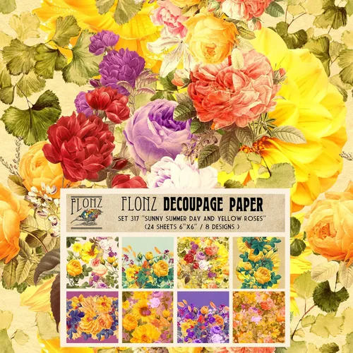 Decoupage - Paquete de papel (24 hojas de 6 x 6 pulgadas) Sunny Summer Day y rosas amarillas, papel de patrón de estilo vintage para decoupage, Nueve