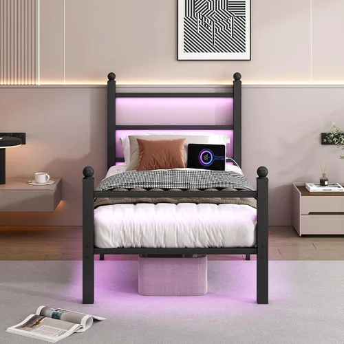 Miniatura 9 de CLIBFENG Base de cama individual con cabecera y estribo, listones de acero, base de cama LED con estación de carga USB, base de colchón