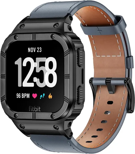 Miniatura 9 de BAITEYOU Leather Bands with Stainless Steel Case Compatible with Fitbit Versa 1 2 3 4 Lite Sense 2 1 Protective case for men