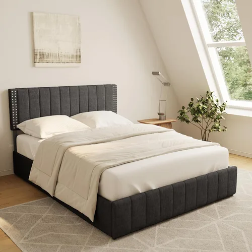 Miniatura 9 de Gizoon Estructuras de cama Full con 4 cajones de almacenamiento sobre ruedas y cabecero ajustable, se adapta a colchones de 6" a 12" pulgadas,