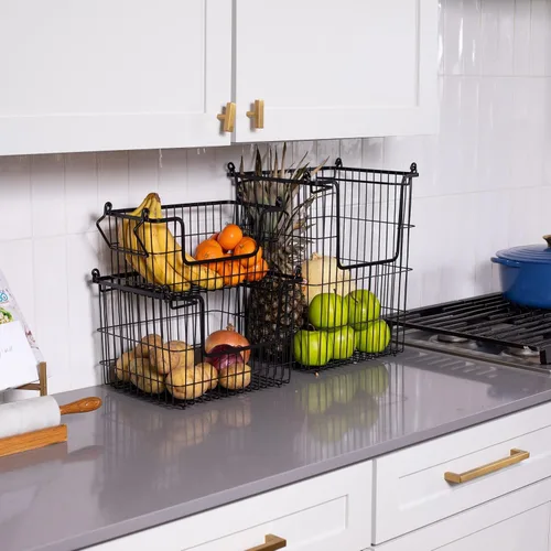 Miniatura 7 de BIRDROCK HOME Contenedores apilables de almacenamiento de alambre de 3 piezas, organizador de frutas y verduras, casa de campo moderna, armario