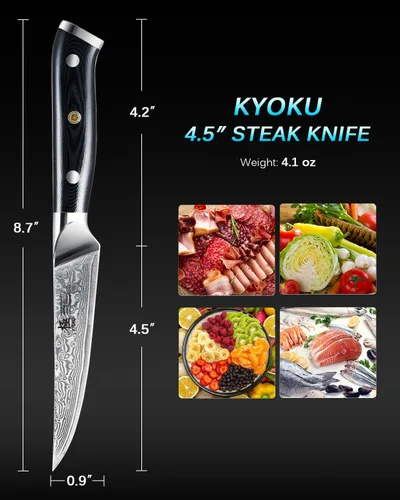 Miniatura 5 de Juego de 4 cuchillos para carne de la serie Gin de KYOKU, cuchillos para carne de 4.5", juego de cuchillos de cocina de acero inoxidable damasco