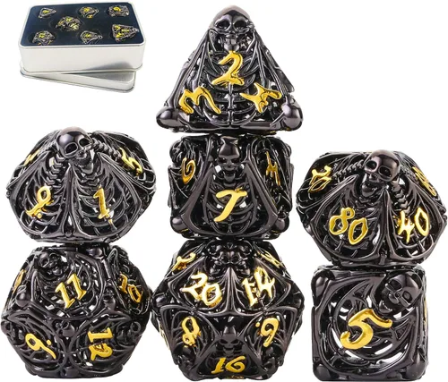 Miniatura 7 de Juego de dados de metal DND Dungeons and Dragon, juego de dados huecos poliédricos de dragón mágico de 7 piezas con caja de metal de regalo